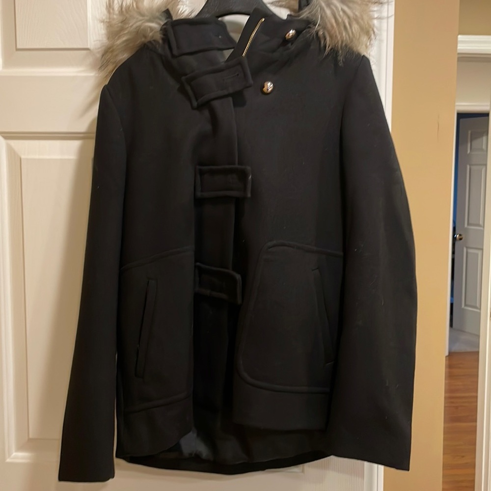 Zara wool blend jacket with gold button detail and fur hood
